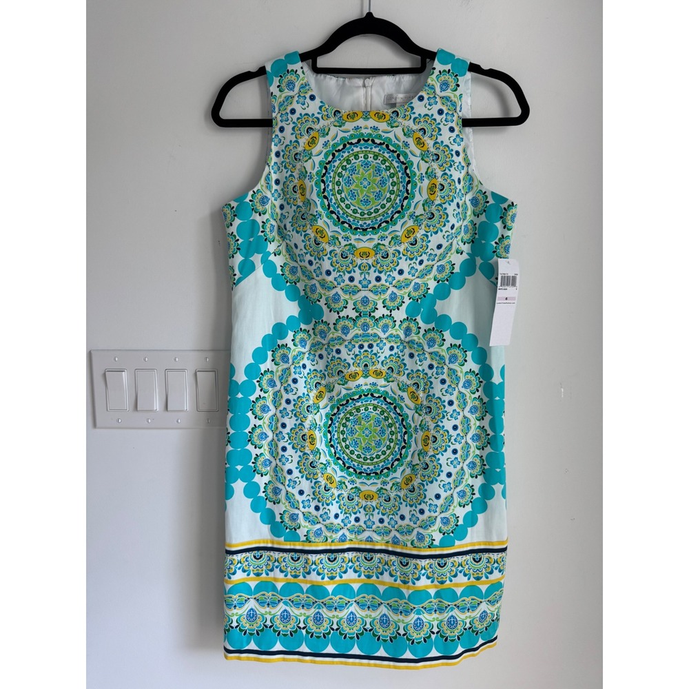London Times White Aqua Medallion Print Sleeveless Shift Dress Size 6 NEW